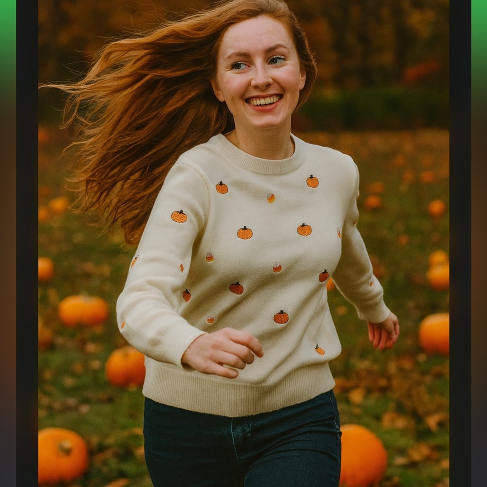 Cream pumpkin and candycorn embroidered cuffed sleeves sweater size large new